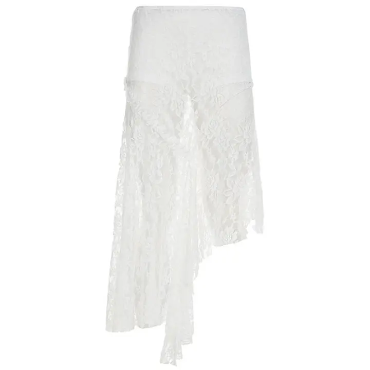 BUNO-Falda de encaje asimétrica transparente de tiro bajo en blanco y negro para mujer, falda de encaje transparente asimétrica larga por debajo de la rodilla, tendencia de verano 2025 - 1