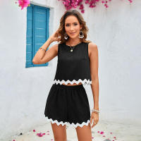 Conjunto de dos piezas de verano con ribete de encaje y pantalones cortos sin mangas con bloques de color para mujer - details 6