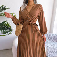 Ropa de mujer 2025 nueva moda de primavera con cordones color sólido cruzado cintura alta vestido plisado con cuello en V - details 2