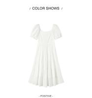 Vestido Semir para Mujer Cuello Cuadrado de Medio Largo Textura Hueca Moda de Verano 2024 - details 6