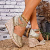 Sandalias de cuña de paja para mujer, clásicas, con banda elástica, de verano, nuevas, sencillas, versátiles, cómodas, a la moda, con tacones altos. - details 3
