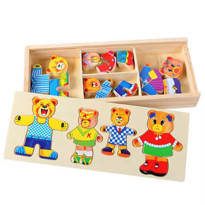 rompecabezas de madera de Pequeño Oso para niños, juego de vestir, juguete educativo para bebés, cambia la ropa - 1