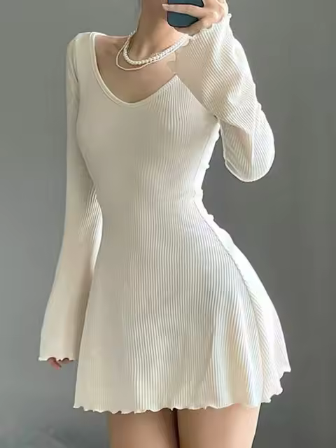Vestido elegante de punto para mujer, vestidos ajustados básicos simples con cuello en V, dobladillo Irregular, primavera y otoño - 1