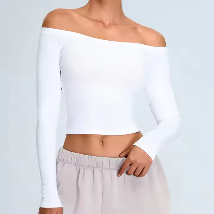 Ropa de Yoga de manga larga para mujer, camiseta deportiva Sexy de cuello único, ropa deportiva para correr, Top deportivo - 1