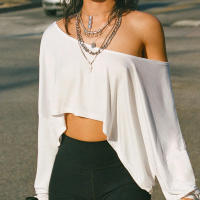 BUNO-Tops informales de punto liso con hombros descubiertos, camisetas de otoño de manga larga con cuello oblicuo conciso para mujer, camisetas deportivas irregulares - details 8
