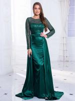 Vestido de noche de lentejuelas de manga larga, vestido de cuello redondo, vestido de satén verde y dorado desmontable - details 7