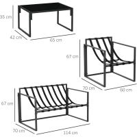 Salón de jardín (4 piezas, 4 personas, sofá de 2 plazas, 2 sillones y 1 mesa baja, 3 cojines para terraza jardín, acero negro poliéster, gris - details 4