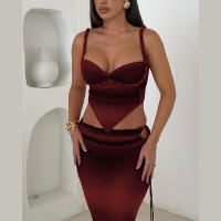 BUNO-Conjunto de 2 piezas fruncido con vendaje de gato extraño para mujer, sujetador con cuello cuadrado + faldas largas ajustadas, trajes de tendencia para fiesta en la playa y vacaciones de verano 2025 - details 4