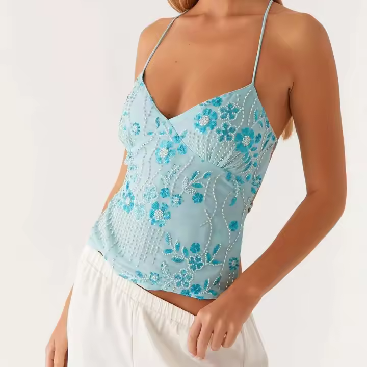 Camisetas Cortas Brillantes Y2K Cuello Halter con Perlas Perfectas para Fiestas y Clubes - 1