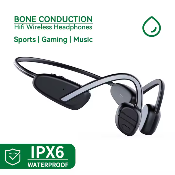 VAORLO Auriculares inalámbricos originales de conducción ósea verdadera IPX6 Impermeables HiFi Deportes Correr Juegos Música Gancho para la oreja Auriculares Bluetooth 5.3 con micrófono Compatible con Sony Xiaomi iPhone - 1