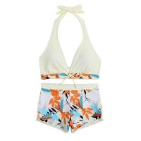 Bikini abierto con estampado de hojas retro en talla grande, conjunto de traje de baño de dos piezas con correas estables para mujer - details 94