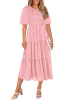 Vestidos de gasa para mujer, vestidos casuales de verano con cintura y tobillo, manga corta, cuello redondo, vestidos largos de una línea - details 6
