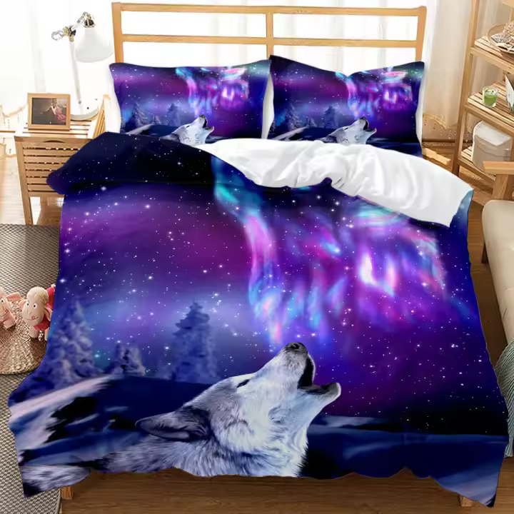 Juego de Ropa de Cama Impresa en 3D de Lobo Cubierta de Edredón Suave de Poliéster con Patrón de Animal de Llévate el Fuego y Hielo - 1