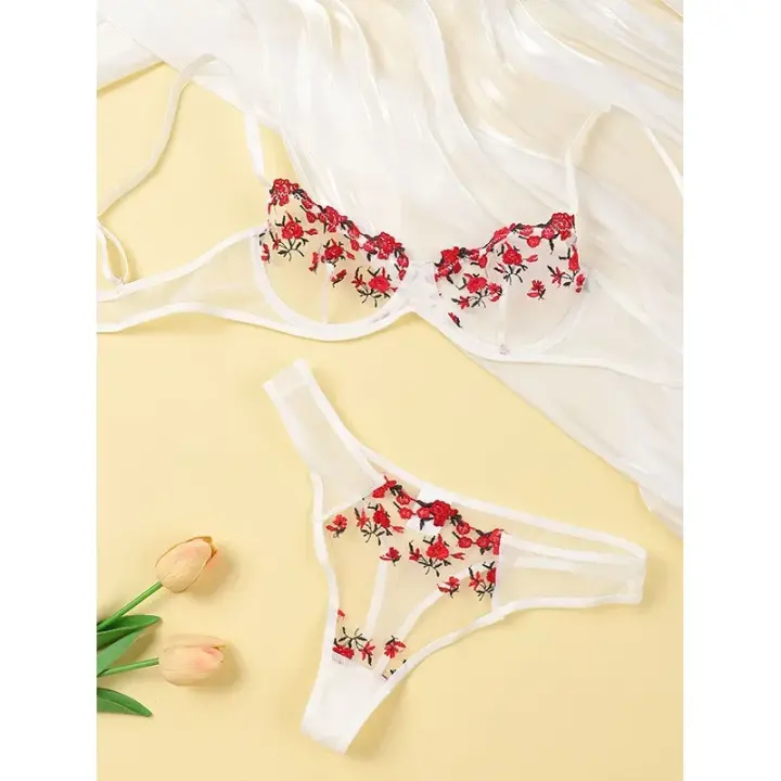 Conjunto de 2 piezas de lencería Sensual de encaje Sexy, sujetador de encaje bordado erótico 2024 para mujer, ropa interior íntima, disfraces sexys, conjunto de sujetador y bragas - 1