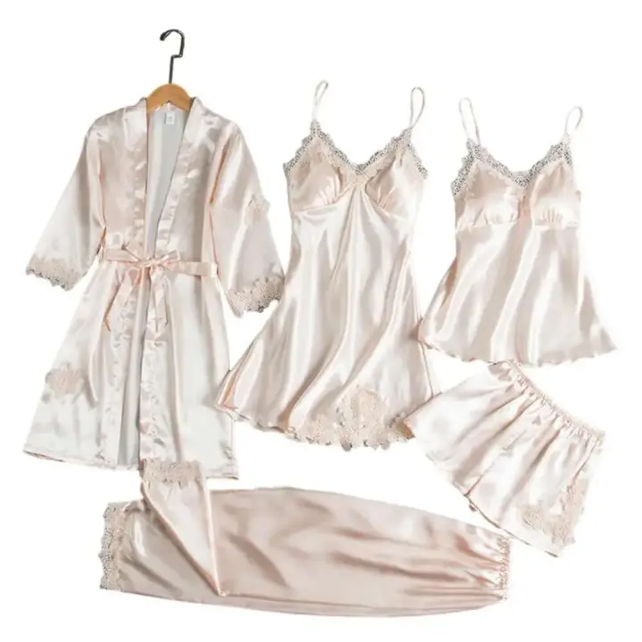 Conjunto de Dormir para Mujeres Ouwu Top de Seda Saturada, Pantalones Cortos, Pantalones de Encaje Suelto - 1