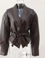 Chaqueta de cuero de manga larga con cuello atado, temperamento de moda, estilo de viaje, otoño e invierno, 2024 - details 0