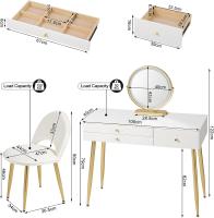 Tocador con luz ajustable con espejo, 3 cajones, con taburete de terciopelo Crema+Oro - details 5