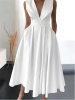 Vestido Plisado de Medio Largo para Mujer Vestido de Fiesta Casual con Cuello en V y sin Mangas - details 0