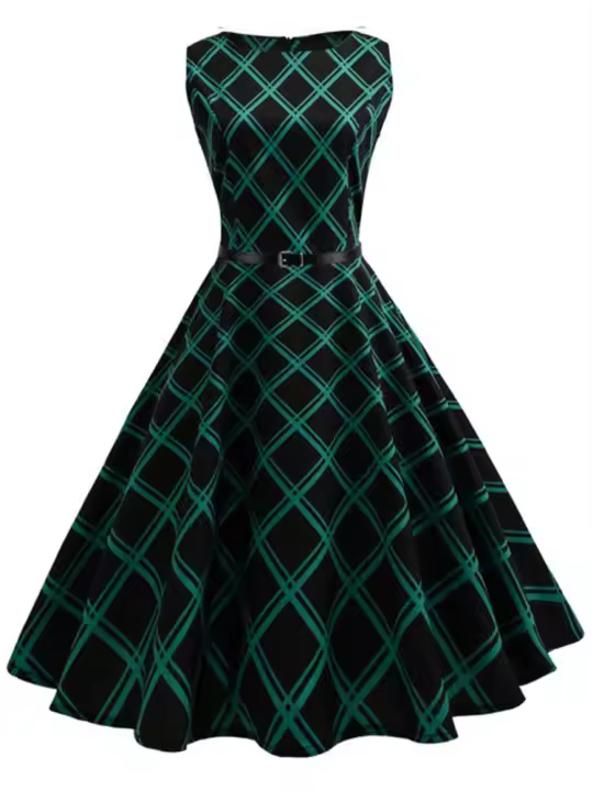 Women  summer vintage elegant floral print party dress with belt - 1