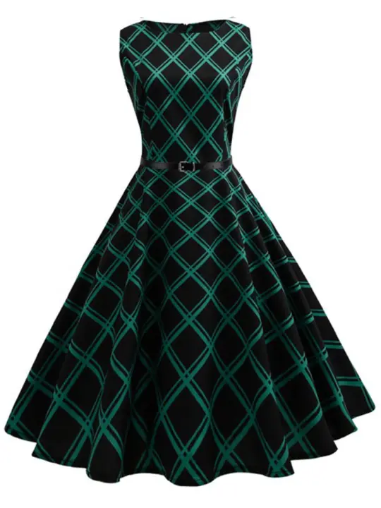 Women  summer vintage elegant floral print party dress with belt - 1