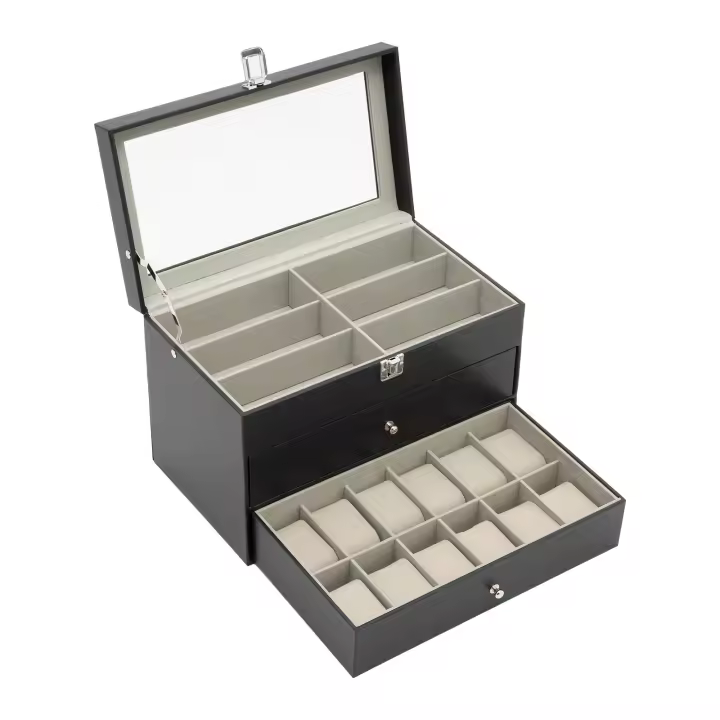 Caja organizadora de relojes de gafas de sol, almacenamiento de 12 piezas, estuche de joyería, cajón de exhibición de colección con cerradura - 1