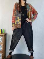 Suéter de cardigan casual para mujer Masss Wasss con estampado floral talla grande cuello en V lavado a mano material exterior de mezclilla temporada de primavera/verano - details 1