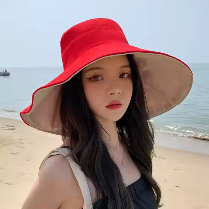 Sombrero de sol informal de ala ancha con protección solar, sombrero de pescador plegable de Color sólido para mujer, sombrero de cubo para senderismo de doble cara UV Anti, Camping - 1