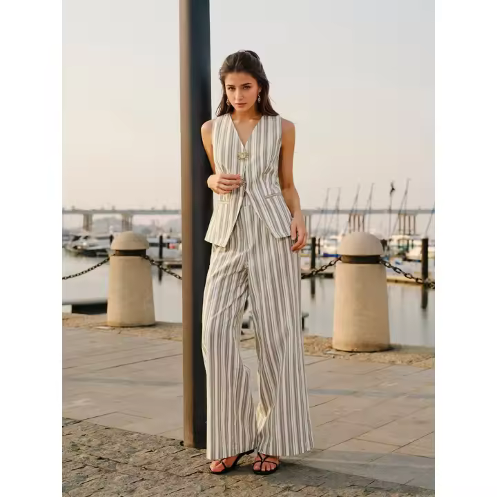 "【NUEVA COLECCIÓN 2025】Conjunto Mujer Elegante Verano - Blusa Sin Mangas Rayas + Pantalones Palazzo Anchos |   Conjunto Oficina y Casual |   Moda Europea Minimalista |   Talla S-XL - 1