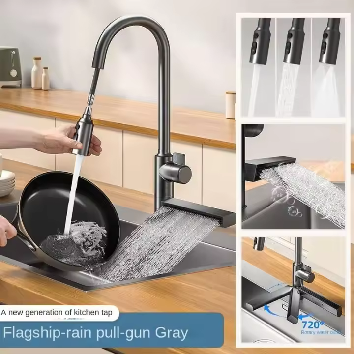 Grifo de fregadero de cocina en cascada, grifo mezclador frío y caliente, grifo giratorio extraíble tipo Gourmet para cocina - 1