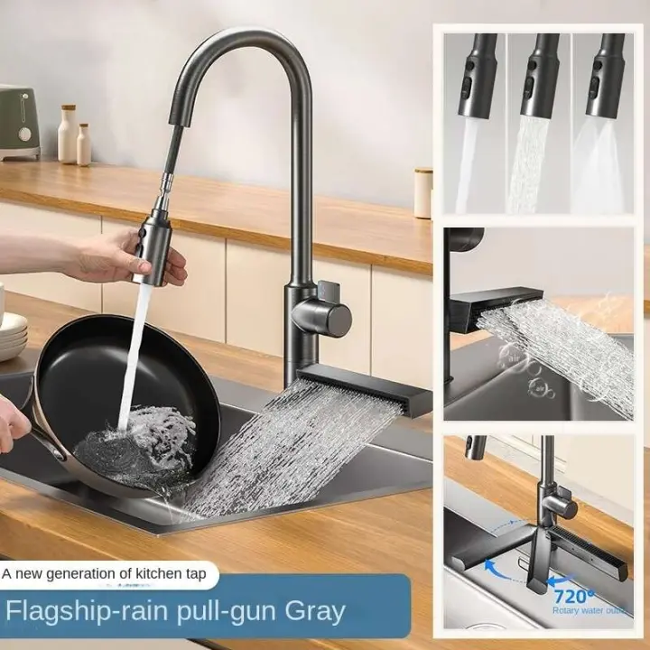 Grifo de fregadero de cocina en cascada, grifo mezclador frío y caliente, grifo giratorio extraíble tipo Gourmet para cocina - 1