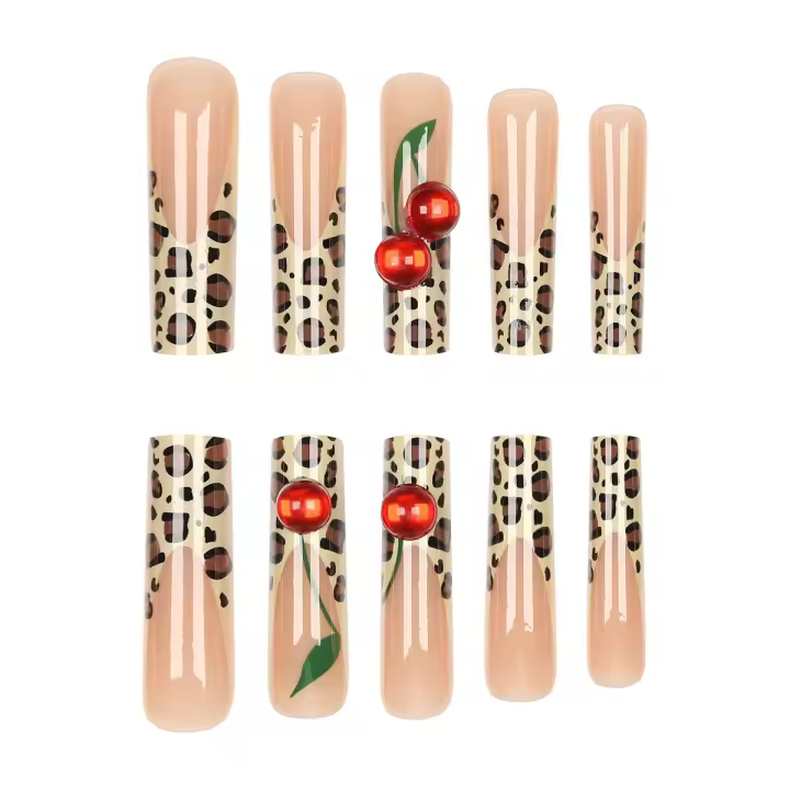 Uñas postizas minimalistas uñas extra largas uñas postizas francesas leopardo cherry piezas de uñas removibles - 1