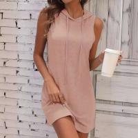Camiseta con capucha estilo camiseta de verano para mujer color sólido con cuello en V sin mangas mini falda recta casual - details 3