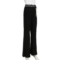 Pantalones acampanados de encaje para mujer, pantalones negros de cintura alta con lazo largo, ropa elástica cómoda de algodón estético - details 2