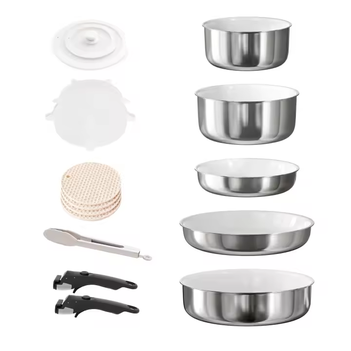 RIOVARM Acero inoxidable Juego de ollas y sartenes Inducción con asas Desmontables, Cerámica Antiadherente Apilable Sartenes y ollas con Tapas, Apto para hornos, Apto para lavavajillas, Sin PFOA - 1