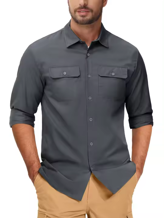 MAGCOMSEN-Camisa de manga larga para hombre, camisa de trabajo informal con botones y bolsillos, ligera, para senderismo y montaña - 1