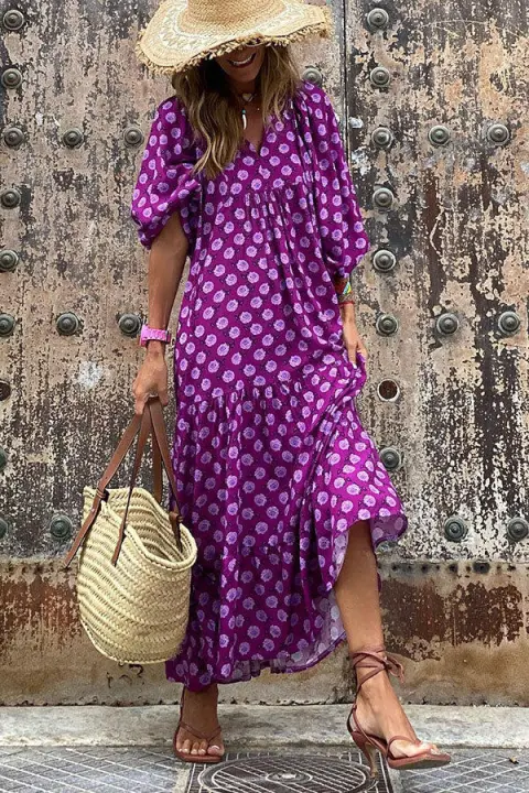 BUNO-Vestido largo bohemio con mangas abullonadas para mujer, vestido vintage elegante a la moda informal con estampado floral y cuello en V, vestidos holgados para fiesta en la playa y vacaciones - 1