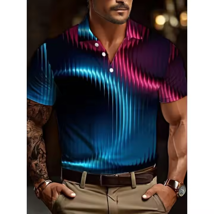 Pelota polo geométrica colorida para hombre, ropa estampada en 3D, tops informales con cuello, camisetas urbanas de manga corta - 1