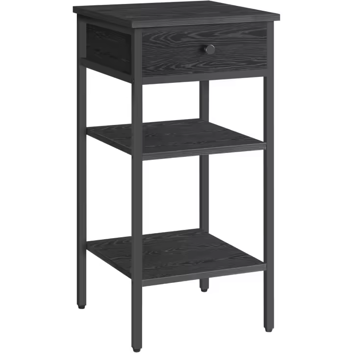 Mesita de Noche Industrial Altura Ajustable, 2 Estantes, Cajón, Diseño Rústico Marrón y Negro - 1