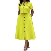 Conjunto de dos piezas de falda y camisa para mujer, elegante, cuello redondo, manga corta, top con botones, falda de cintura alta, traje de 2 piezas para primavera y verano - details 0