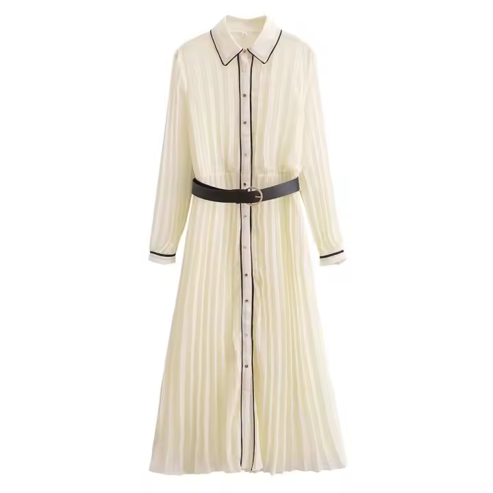 TRAF-Blusa elegante con solapa plisada y manga para mujer, vestidos largos, vestido ajustado a la moda con cinturón, señora nueva informal 2025 - 1