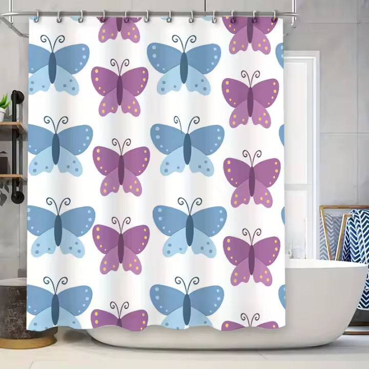 Cortina de ducha Hermosa mariposa Juego de cortinas de ducha Patrón azul púrpura Decoración de baño Tela impermeable Alfombra de baño Tamaño de la cubierta 72 x 84 pulgadas H - 1