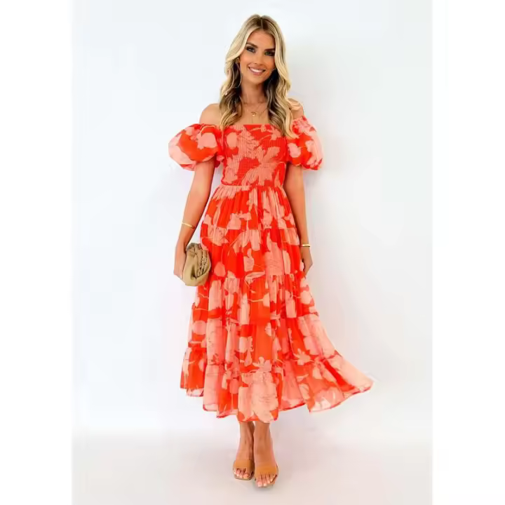 Vestido estampado en capas con manga de burbuja de gasa con un cuello para mujer de verano 2025 - 1