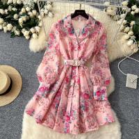 Vestido corto con estampado de wer para mujer, moda de primavera 2024, manga larga acampanada, botones de perlas con muescas, Mini Vestidos de fiesta con cinturón - details 12