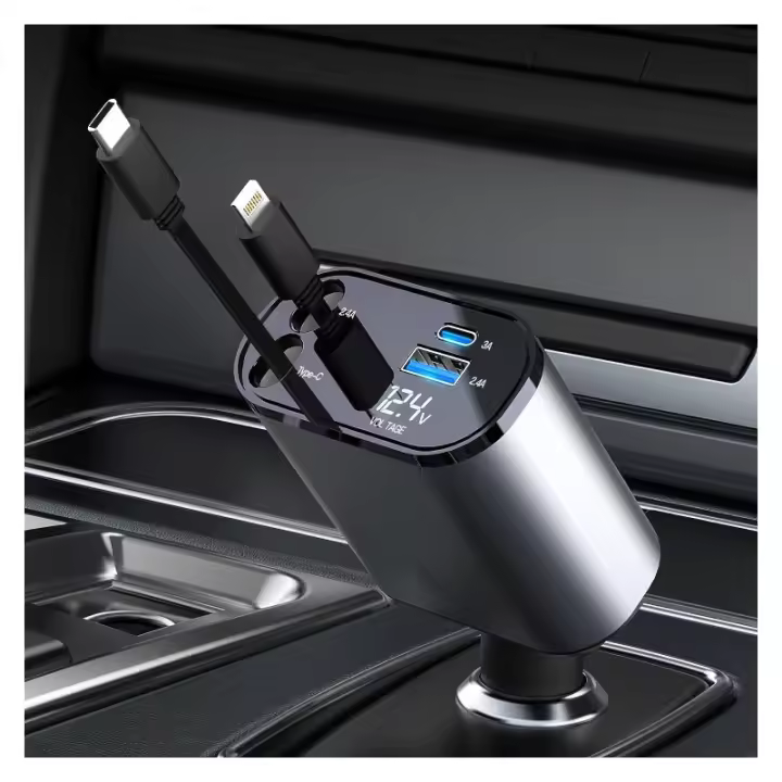 Cargador de Coche Ultra Rápido 120W Carga Turbo con 4 Puertos y Cables Retráctiles de 80CM - 1