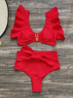 Conjunto de bikini con escote en V y volantes, traje de baño de dos piezas con cintura alta y corte alto en color sólido - details 6