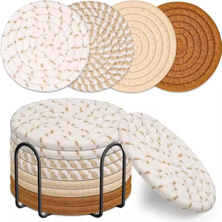 Posavasos redondos para bebidas, juego de manteles individuales con cuerda de algodón trenzado, lavables, resistentes al calor, para granja, 8/10 Uds. - 1