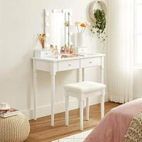 Mesa Tocador, Mesa Maquillaje con Taburete Tapizado, Espejo, 10 Bombillas Regulables Iluminación, 2 Cajones Grandes con Tablero Vidrio Templado, 2 Cajones Pequeños, Blanco - details 5