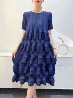 Miyake-vestido plisado para mujer, nuevo diseño de moda, Color sólido, holgado, talla grande, cintura alta, falda empalmada con pastel, primavera 2024 - details 9