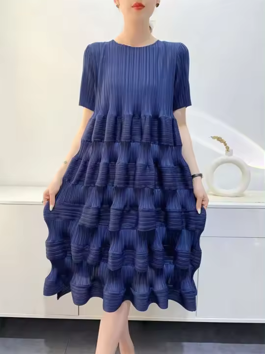 Miyake-vestido plisado para mujer, nuevo diseño de moda, Color sólido, holgado, talla grande, cintura alta, falda empalmada con pastel, primavera 2024 - 1