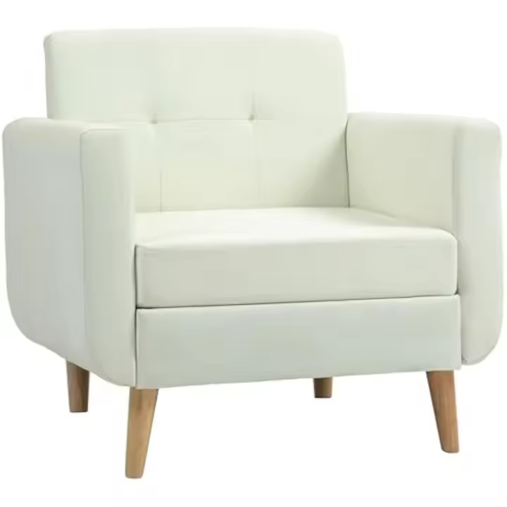 Sillón de Salón Moderno Butaca para Dormitorio con Reposabrazos y Patas de Madera Sofá Individual Carga 125 kg para Oficina Sala de Estar Crema - 1